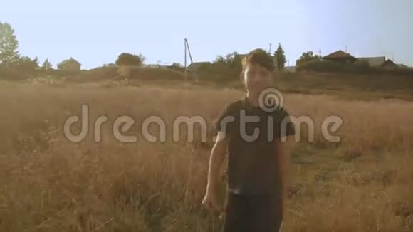 小男孩在野餐的田野里散步美丽的风景黄草视频的预览图