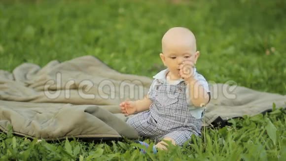 快乐男孩坐在草地上在花园里的毯子上玩耍视频的预览图