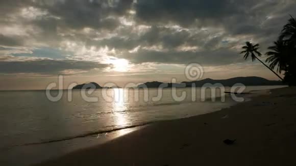 日落于热带海滩有蜿蜒的手掌和忧郁的天空泰国旅游目的地越来越多视频的预览图