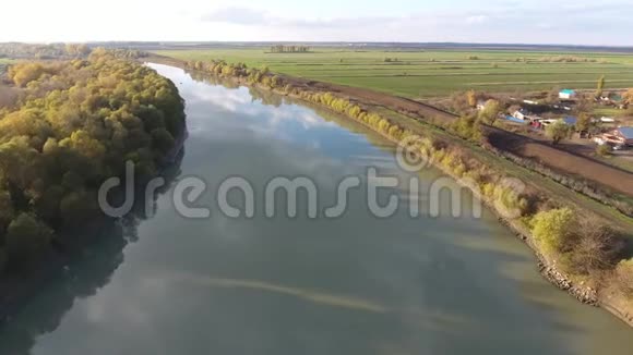 从上面看到一条河河岸上长满了树木秋天的风景黄色的树视频的预览图