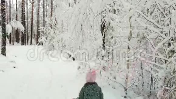 冬雪森林里散步快乐的妈妈和小女孩视频的预览图
