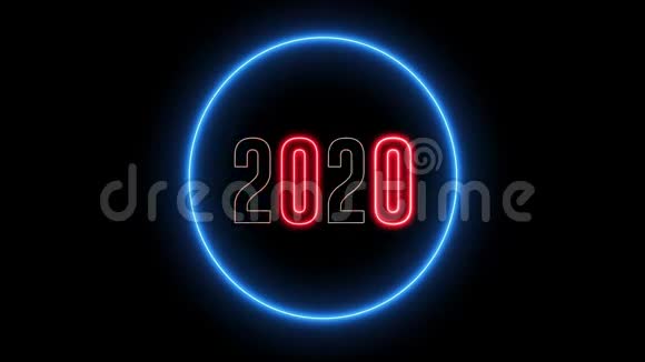 新年问候与霓虹灯五颜六色的霓虹灯2020年的LED灯文本视频的预览图