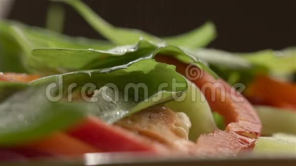女人在蔬菜沙拉里加盐视频的预览图