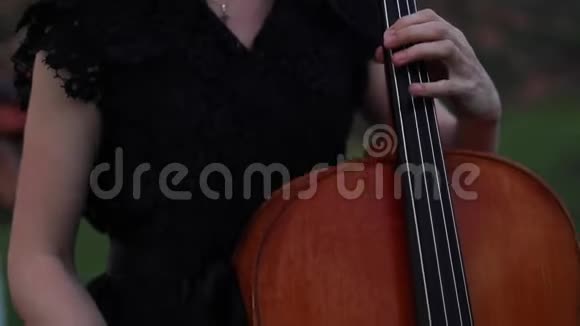 女大提琴手在黄昏时分在草地上演奏大提琴视频的预览图