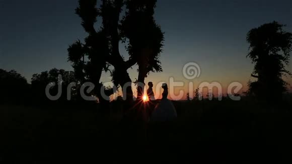 幸福婚礼夫妇的剪影在森林背景上轻轻亲吻乡村美丽的日落视频的预览图