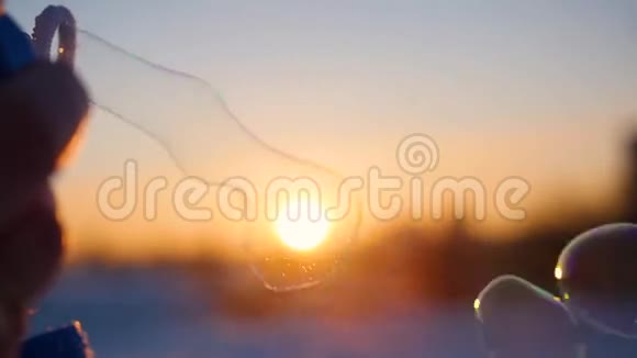冬日霜日夕阳下美丽的肥皂泡视频的预览图