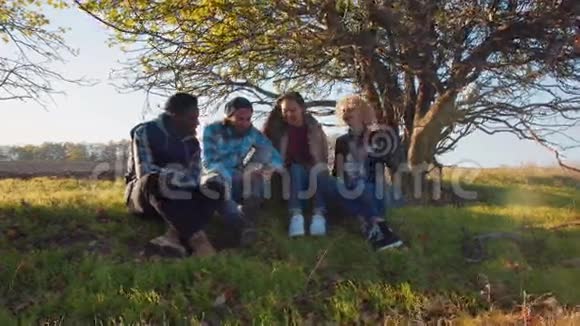 四个多种族的朋友坐在农村视频的预览图