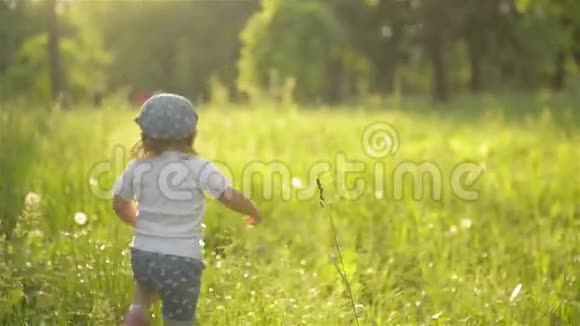 可爱的女婴走在美丽的夏日花园里温暖的晴天视频的预览图