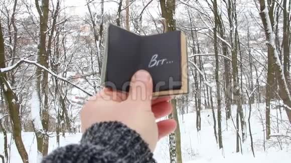 冬天或寒冷的创意手拿着一本铭文的书描绘了森林的背景视频的预览图