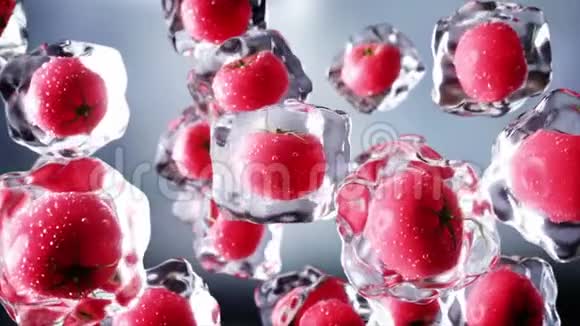 西红柿在冰块中旋转食和广播理念现实的冰材料4K动画片视频的预览图