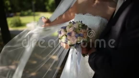 新郎新娘牵着手走着慢动作视频的预览图