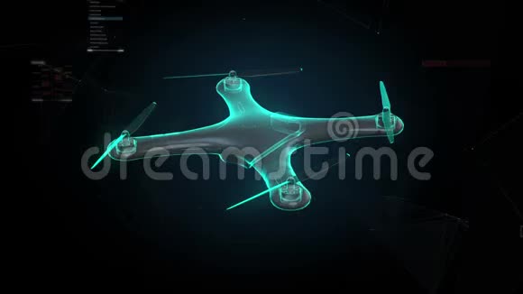 旋转无人机四重直升机具有未来的用户界面虚拟图形蓝色x射线图像视频的预览图