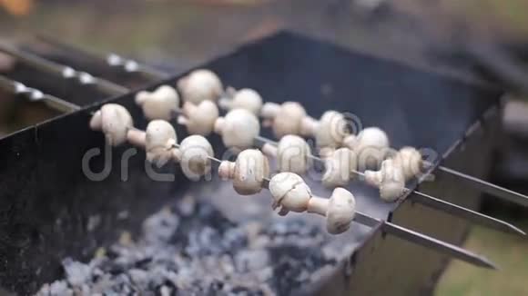 新鲜蘑菇在森林大火上烤视频的预览图