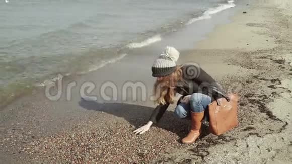 一个女人坐在沙滩上看着鹅卵石海鸥在海上飞翔和游泳视频的预览图