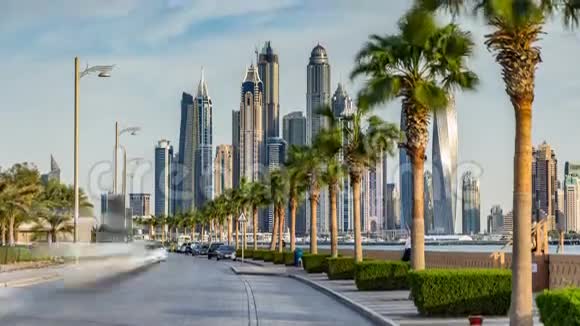 棕榈树上的海滨长廊棕榈树在道路时间推移阿拉伯联合酋长国迪拜视频的预览图
