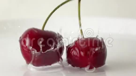 两颗相同茎击打湿白板的樱桃的超慢动作镜头视频的预览图