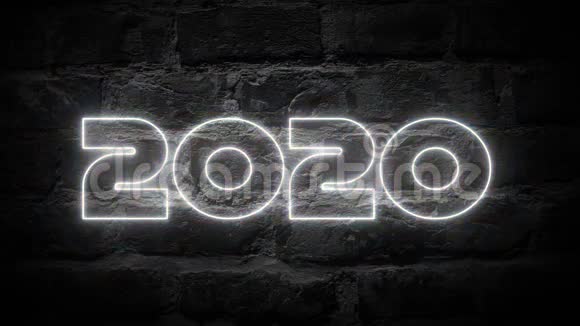 2020霓虹灯在砖墙背景上闪烁新年快乐视频的预览图