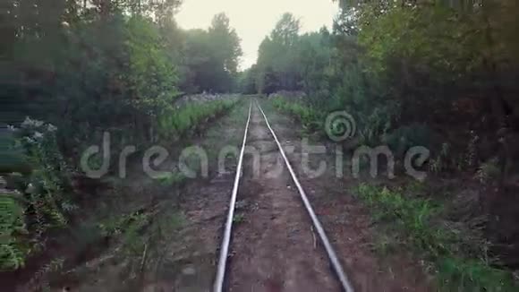 4K低飞以上窄轨铁路在林间空中视频的预览图