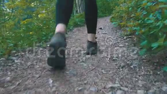 在山上的森林小径上徒步旅行的女旅行者的腿景视频的预览图
