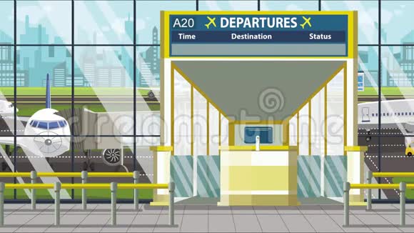 乘坐机场出发板飞往哈尔滨的航班中国循环卡通动画之旅视频的预览图