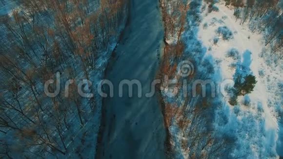 冬季森林无人机拍摄的冰冻湖上的空中景色视频的预览图