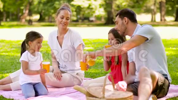 快乐的一家人在公园野餐时喝果汁视频的预览图