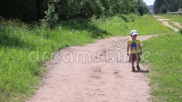 小男孩走在草地中间的林间小路上视频的预览图