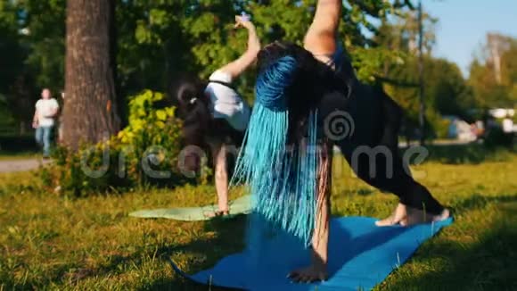 两个年轻的女人在公园里做瑜伽运动一个女人有长长的蓝色恐惧症视频的预览图