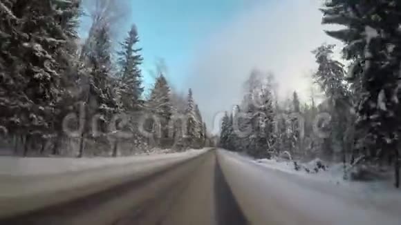 冬天开车在穿过森林的路上在晴朗的一天大角度拍摄视频的预览图