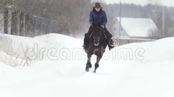 马术运动骑着马的妇女在雪域驰骋视频的预览图