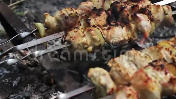 美味的新鲜肉串在烤串上准备在火上烤视频的预览图