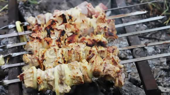 美味的新鲜肉串在烤串上准备在火上烤视频的预览图