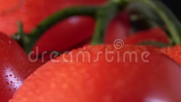 新鲜西红柿在黑色背景上特写视频的预览图