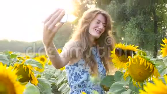美丽的年轻女孩在向日葵中自拍高清高清视频的预览图