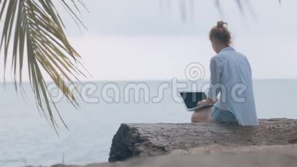 女自由职业者在海滩上工作视频的预览图