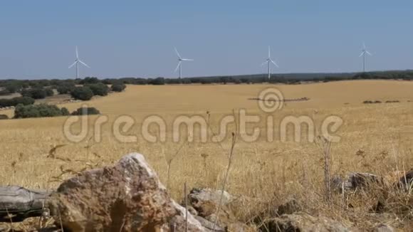 西班牙沙漠中石头背景下的风力涡轮机视频的预览图
