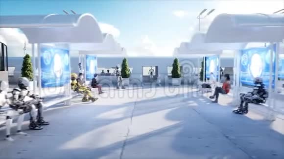 人和机器人科幻站未来派单轨运输未来的概念逼真的4K动画视频的预览图