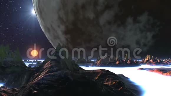 巨大的月亮和两个太阳在外星球上视频的预览图