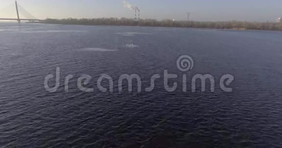 冬天的空中拍摄河流坐在浮冰鸟身上视频的预览图