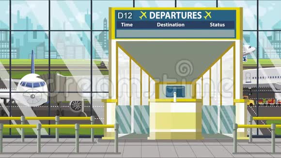 机场航站楼的离港板上有格勒诺布尔字幕前往法国可循环卡通动画视频的预览图