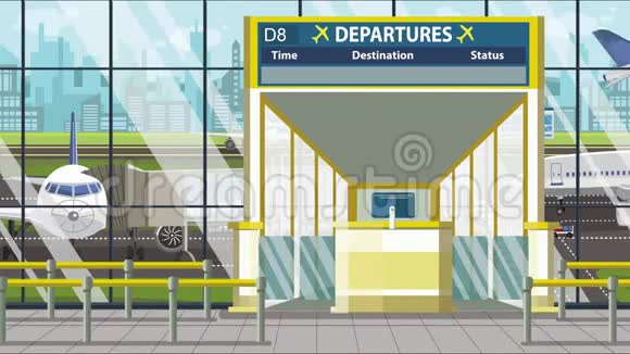 机场起飞板与魁北克市标题与加拿大有关的可循环卡通动画旅行视频的预览图