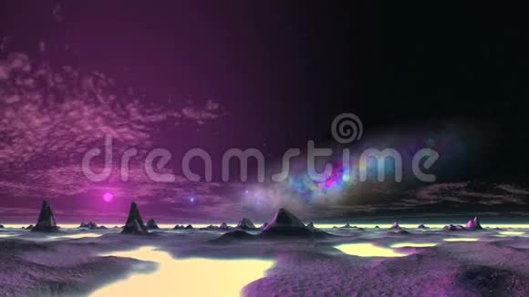 外星沙漠上美丽的星云和不明飞行物视频的预览图