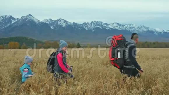 人们在麦田里走在美丽的山脉附近家庭旅行人的环境由山父母和孩子视频的预览图