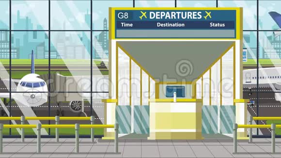 机场候机楼离港板上方有奥斯陆文本前往挪威可循环卡通动画视频的预览图