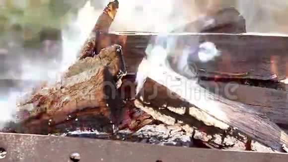 明火烟和柴火合拢温暖的壁炉有很多树准备烧烤视频的预览图