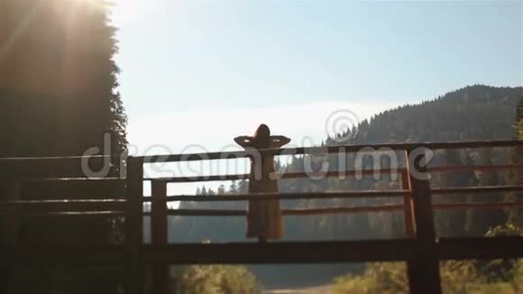 在喀尔巴阡山上一位神秘的少女若虫站在河上的木桥上欣赏日落视频的预览图