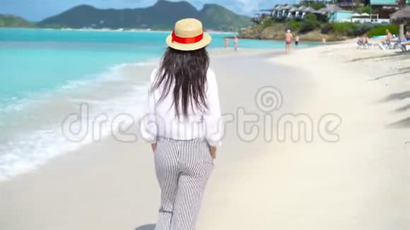 热带海滨的年轻美女快乐女孩的背景是蔚蓝的天空和碧蓝的海水视频的预览图