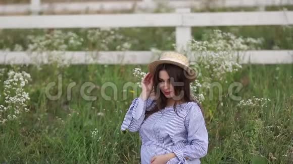 年轻孕妇坐在田里放松她拿了一个水果篮夏季视频的预览图