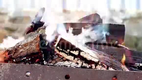 明火烟和柴火合拢温暖的壁炉有很多树准备烧烤视频的预览图