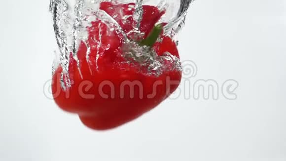 成熟的红辣椒从水中飘落视频的预览图